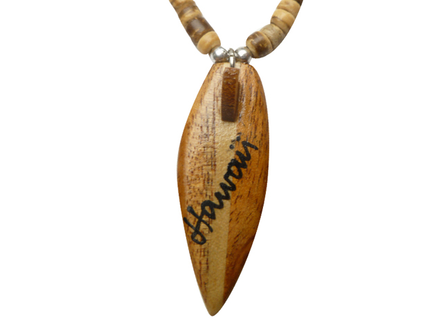 Wood "Hawaii" Surfboard w/ 18" Coconut Beads Necklace