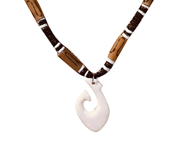 Bone Fish Hook w/ 18" Coconut & Wood Beads Necklace