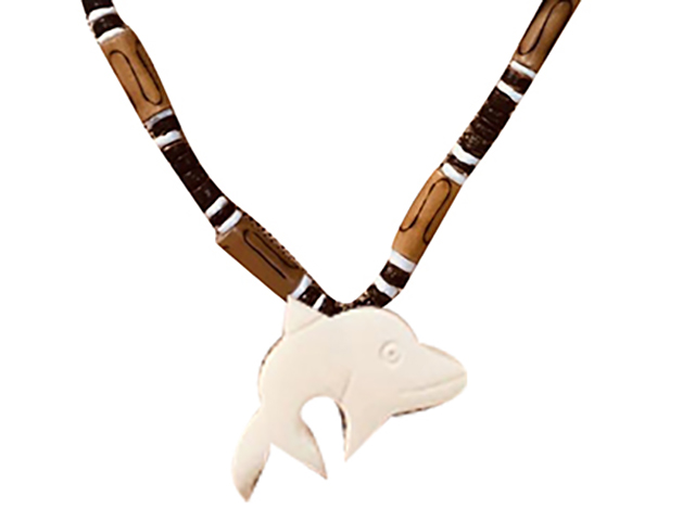 Bone Dolphin w/ 18" Coconut & Wood Beads Necklace