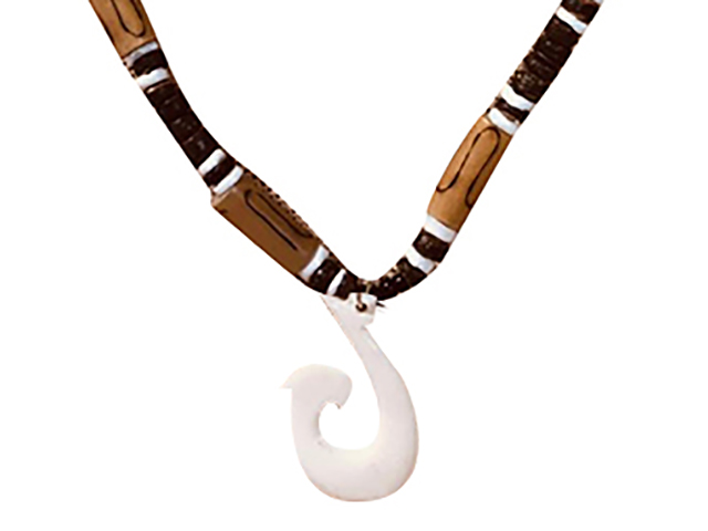 Bone Fish Hook w/ 18" Coconut & Wood Beads Necklace