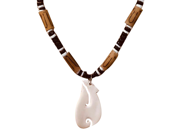 Bone Fish Hook w/ 18" Coconut & Wood Beads Necklace