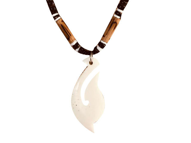 Bone Fish Hook w/ 18" Coconut & Wood Beads Necklace