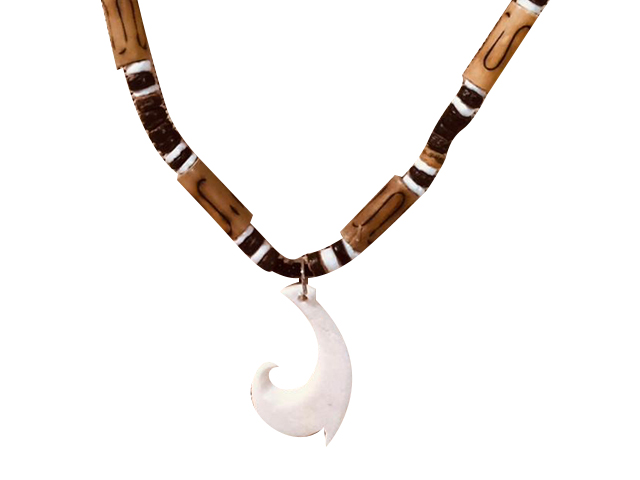 Bone Fish Hook w/ 18" Coconut & Wood Beads Necklace