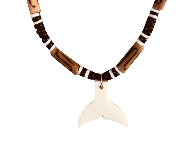 Bone Whale Tail w/ 18" Coconut & Wood Beads Necklace