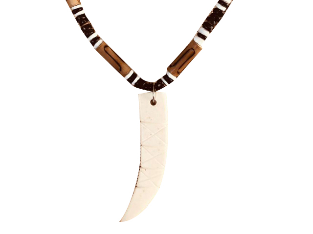 Bone Boar Tusk w/ 18" Coconut & Wood Beads Necklace