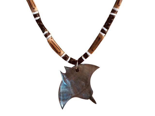 MOP Manta Ray w/ 18" Coconut & Wood Beads Necklace