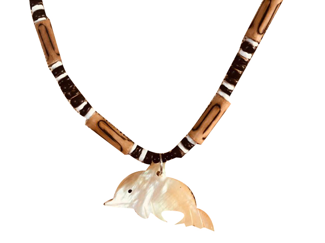 MOP Dolphin w/ 18" Coconut & Wood Beads Necklace