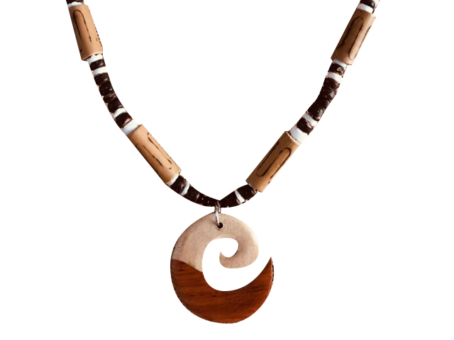 Wood Koru Pendant w/ 18" Coconut & Wood Beads Necklace