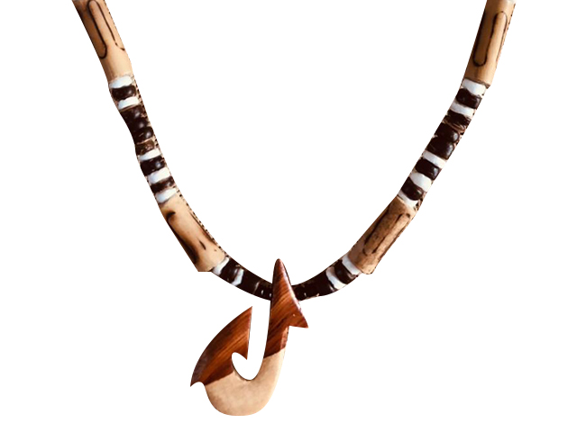 Wood Fish Hook w/ 18" Coconut & Wood Beads Necklace