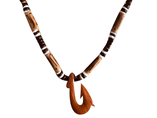 Wood Fish Hook w/ 18" Coconut & Wood Beads Necklace