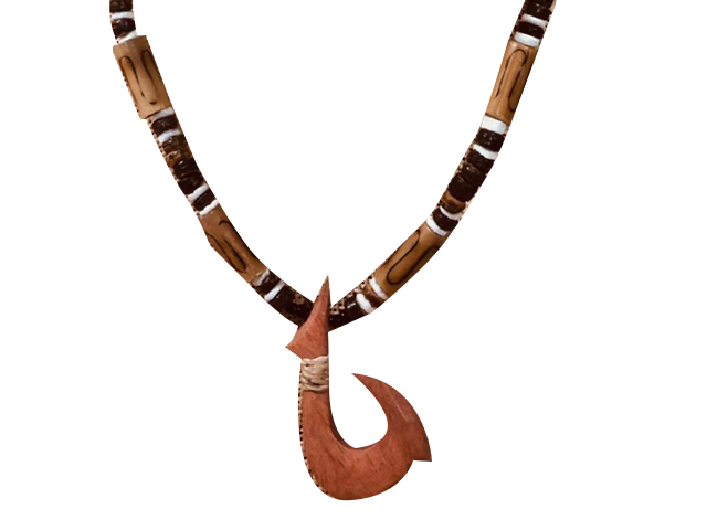 Wood Fish Hook w/ 18" Coconut & Wood Beads Necklace