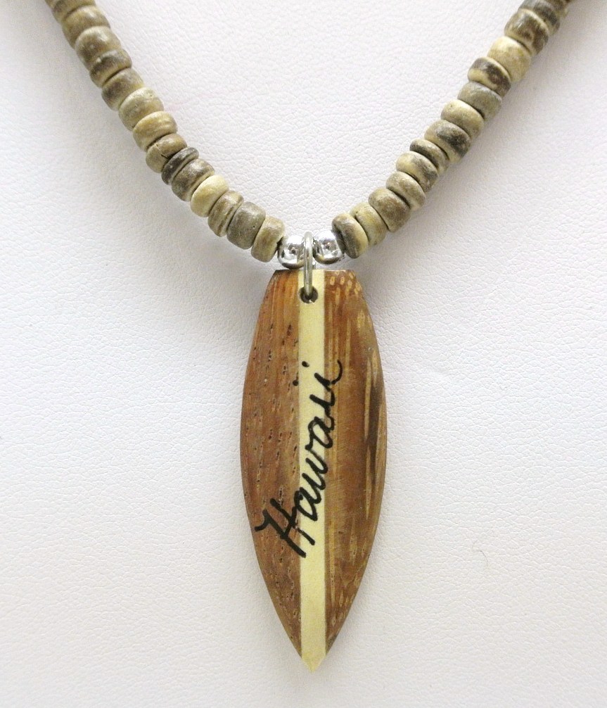 Wood "Hawaii" Surfboard w/ 18" Coconut Beads Necklace