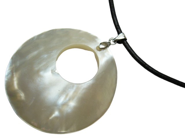 DCI-40mm Donut White MOP w/ 16" Black Leather Cord Necklace