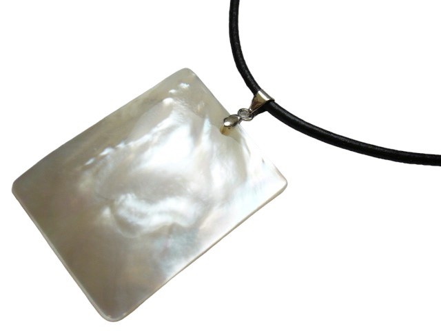 DCI-40mm Rectangle White MOP w/ 16" Black Leather Cord Necklace