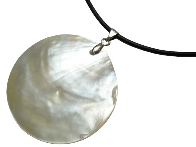 DCI-40mm Round White MOP w/ 16" Black Leather Cord Necklace