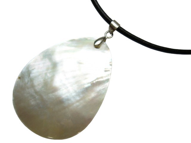 DCI-40mm Teardrop White MOP w/ 16" Black Leather Cord Necklace