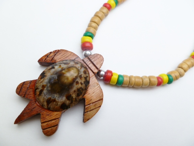 Wood Turtle & Shell w/ 18" Coconut & Wood Beads Necklace