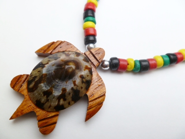 Wood Turtle & Shell w/ 18" Coconut & Wood Beads Necklace