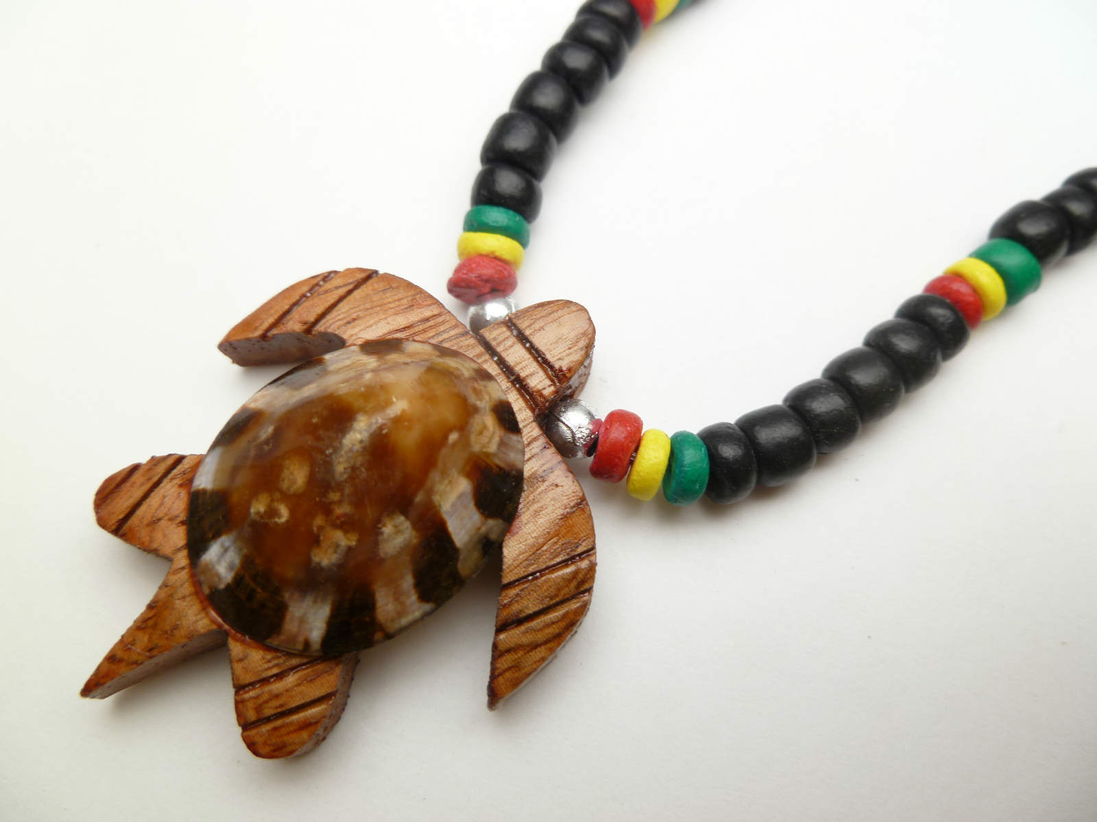 Wood Turtle & Shell w/ 18" Coconut & Wood Beads Necklace