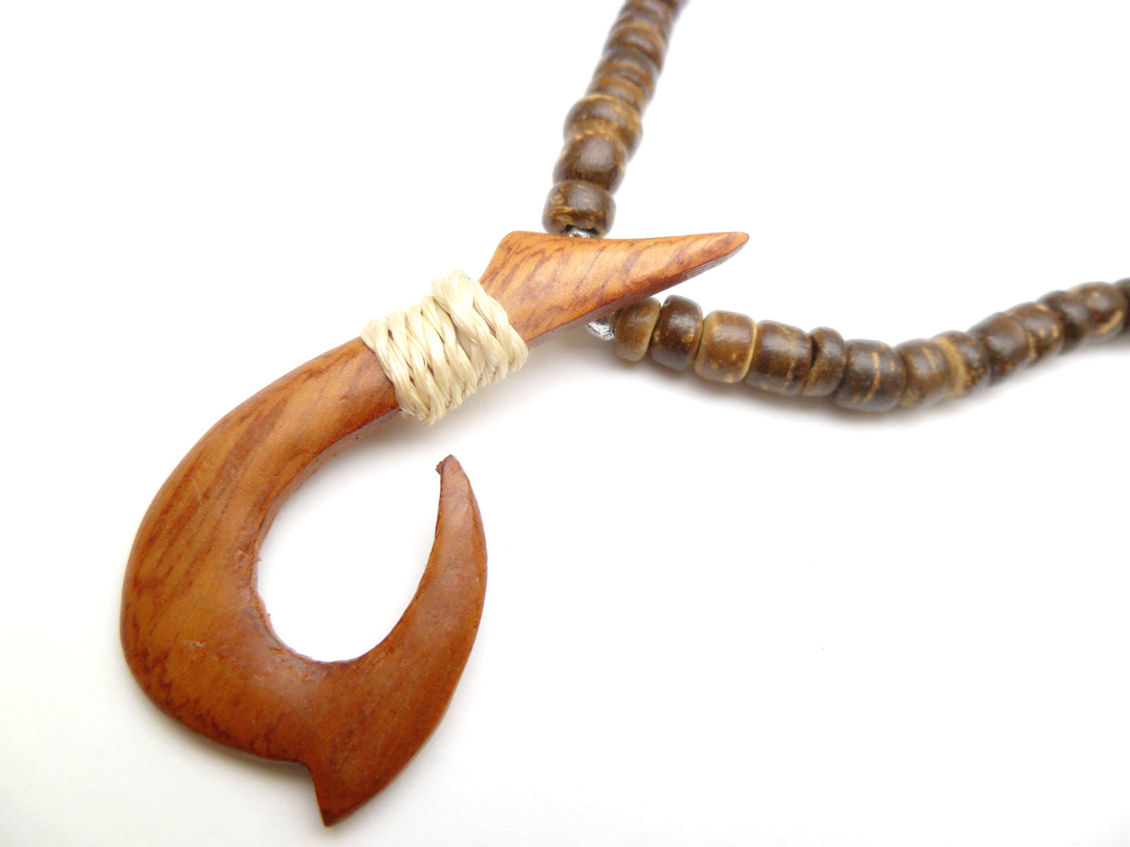 Wood Fish Hook w/ 18" Coconut & Wood Beads Necklace