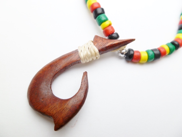 Wood Fish Hook w/ 18" Coconut & Wood Beads Necklace