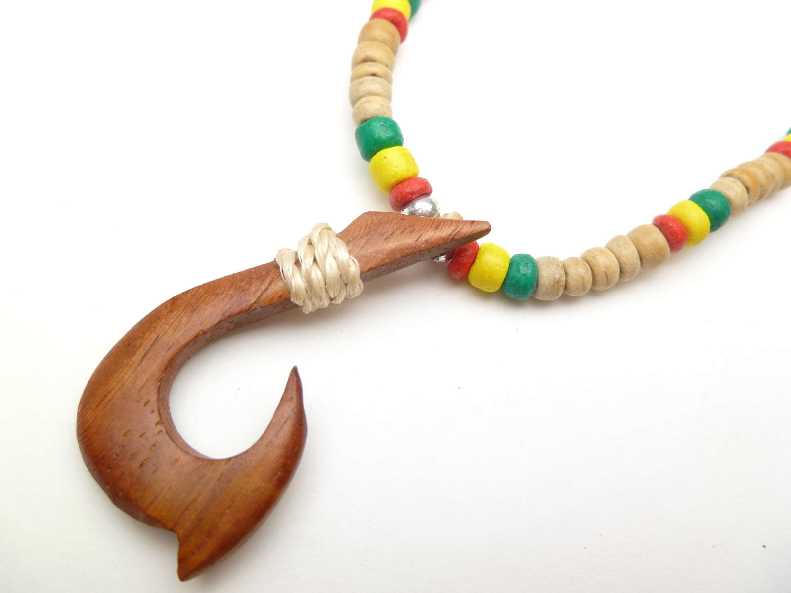 Wood Fish Hook w/ 18" Coconut & Wood Beads Necklace