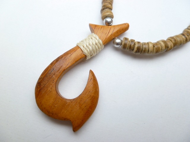 Wood Fish Hook w/ 18" Coconut & Wood Beads Necklace