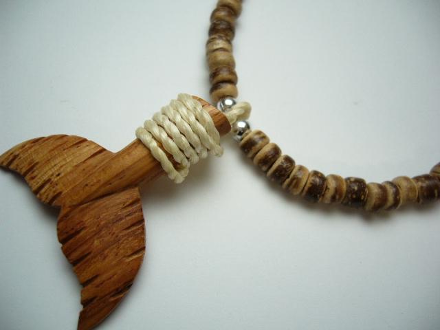 Wood Whale Tail w/ 18" Coconut & Wood Beads Necklace