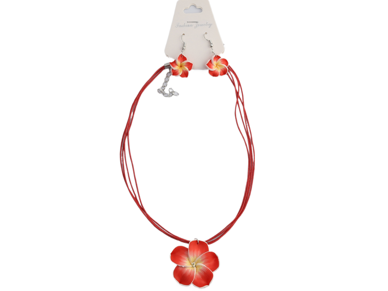 Red & White Fimo Flower Earrings & Necklace Set, MOQ-12