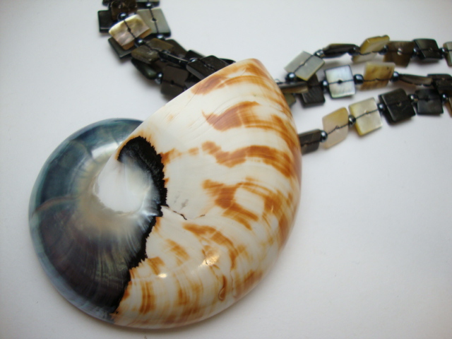 50-60mm Natural Nautilus Pendant w/Black Lip Shell Necklace 18''