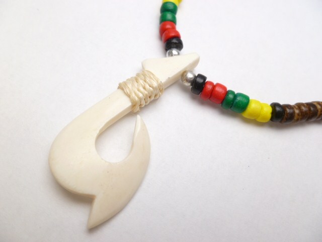 Bone fishhook pendant 49x24mm w/ rasta coco bead necklace