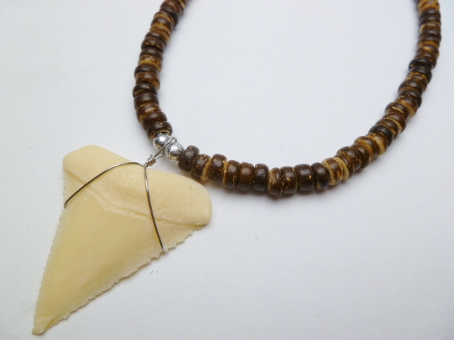 Bone Powder Shark Tooth w/ 18" Coconut & Wood Beads Necklace