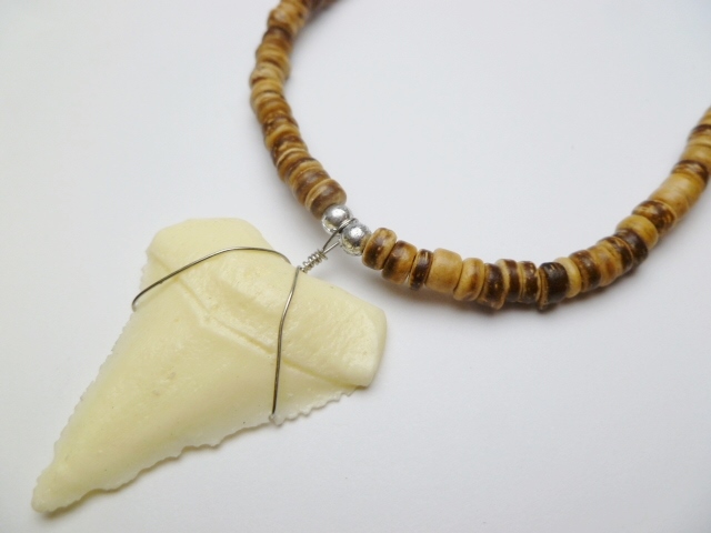 Bone Powder Shark Tooth w/ 18" Coconut & Wood Beads Necklace