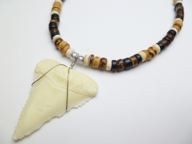 Bone Powder Shark Tooth w/ 18" Coconut & Wood Beads Necklace