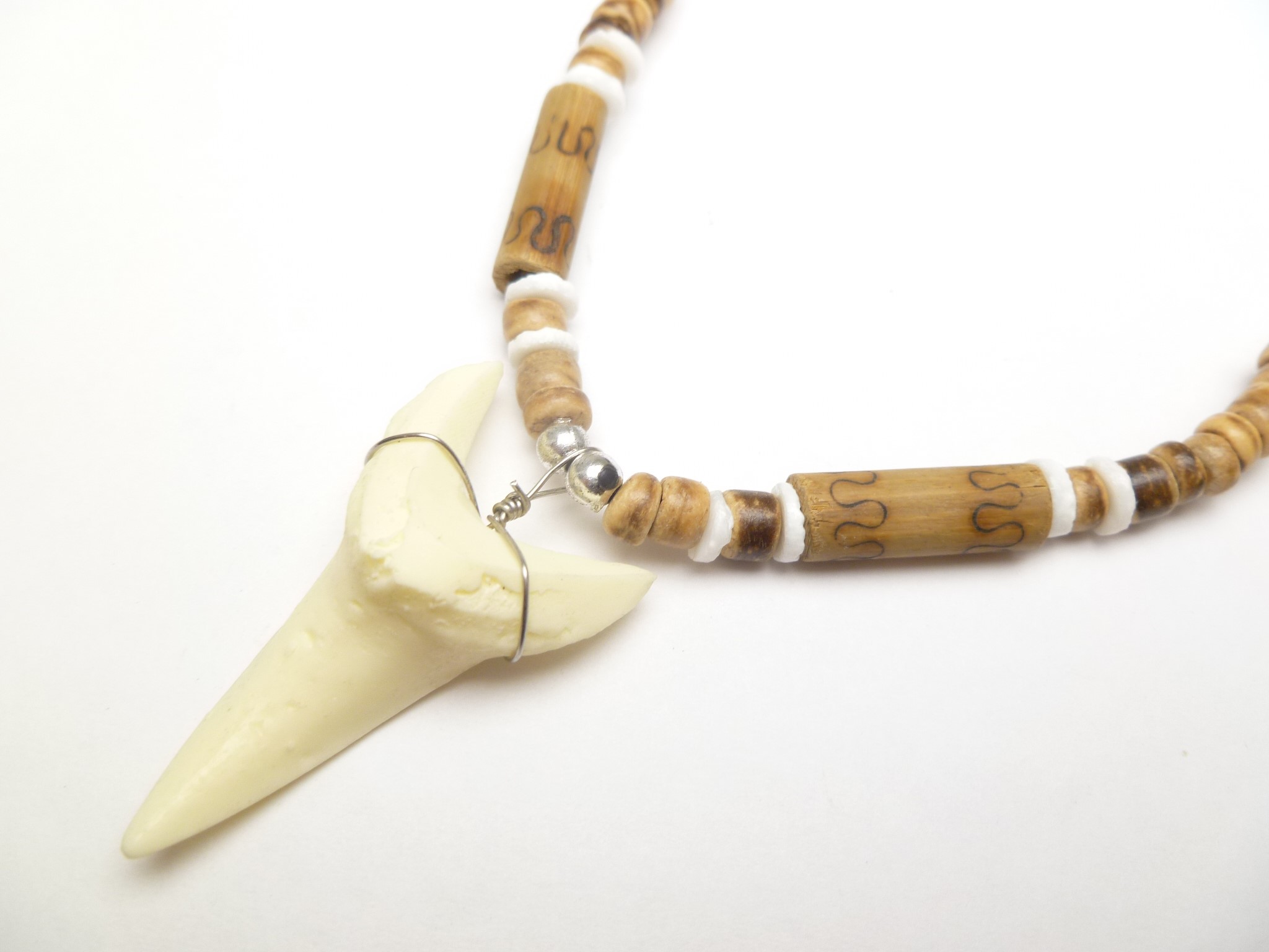 Bone Powder Shark Tooth w/ 18" Coconut & Wood Beads Necklace