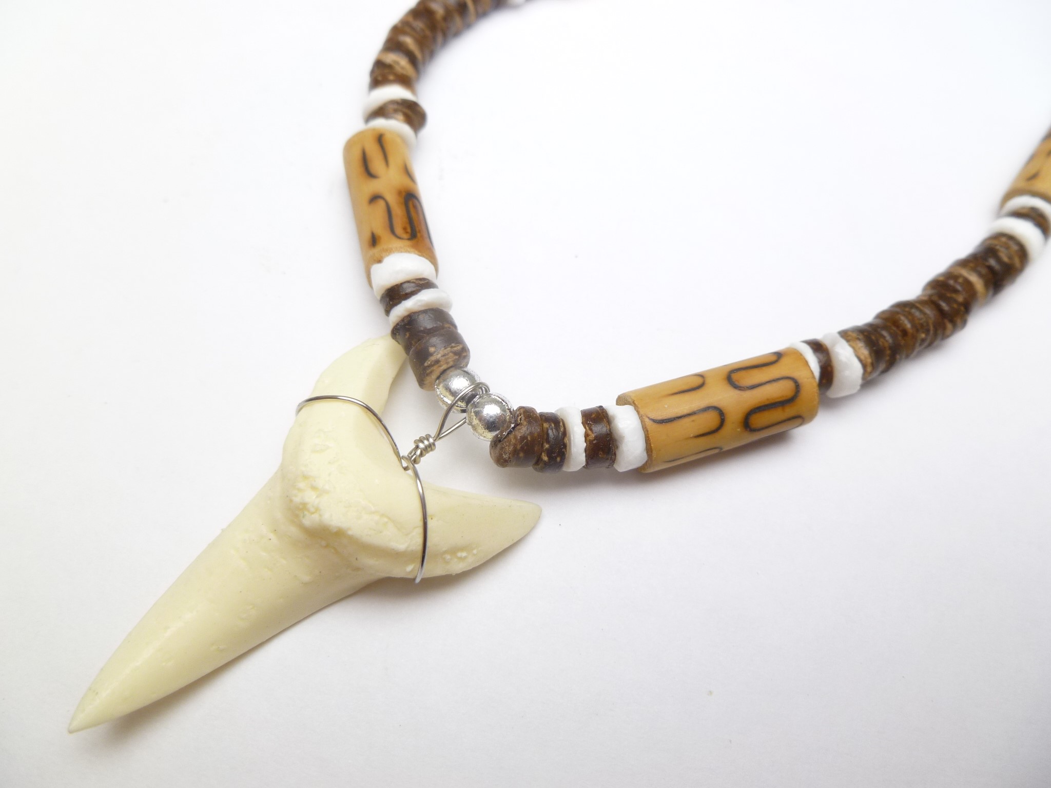 Bone Powder Shark Tooth w/ 18" Coconut & Wood Beads Necklace