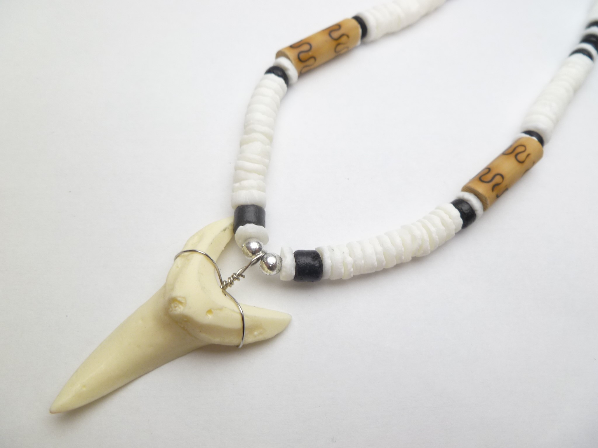 Bone Powder Shark Tooth w/ 18" Coconut & Wood Beads Necklace