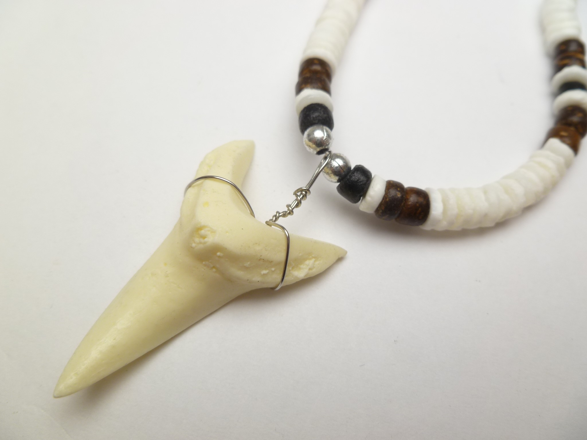 Bone Powder Shark Tooth w/ 18" Coconut & Wood Beads Necklace