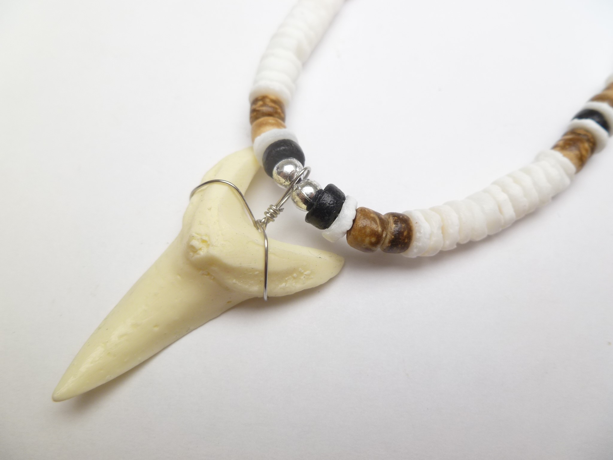 Bone Powder Shark Tooth w/ 18" Coconut & Wood Beads Necklace