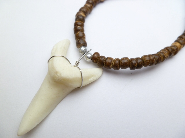 Bone Powder Shark Tooth w/ 18" Coconut & Wood Beads Necklace