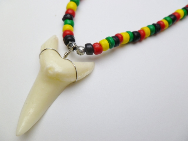 Bone Powder Shark Tooth w/ 18" Coconut & Wood Beads Necklace