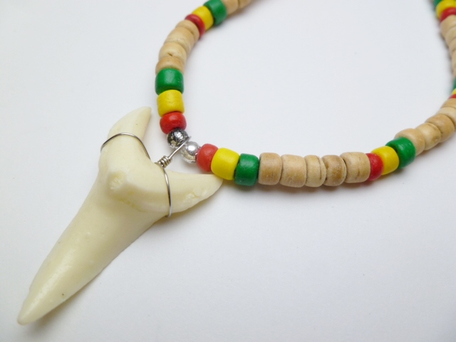 Bone Powder Shark Tooth w/ 18" Coconut & Wood Beads Necklace