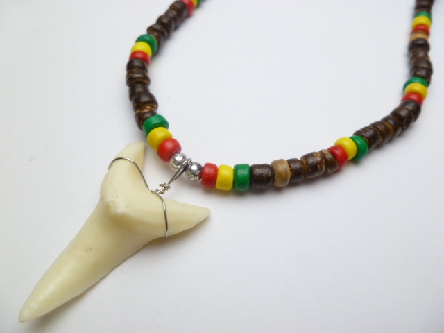 Bone Powder Shark Tooth w/ 18" Coconut & Wood Beads Necklace