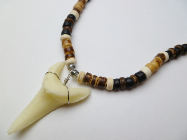 Bone Powder Shark Tooth w/ 18" Coconut & Wood Beads Necklace