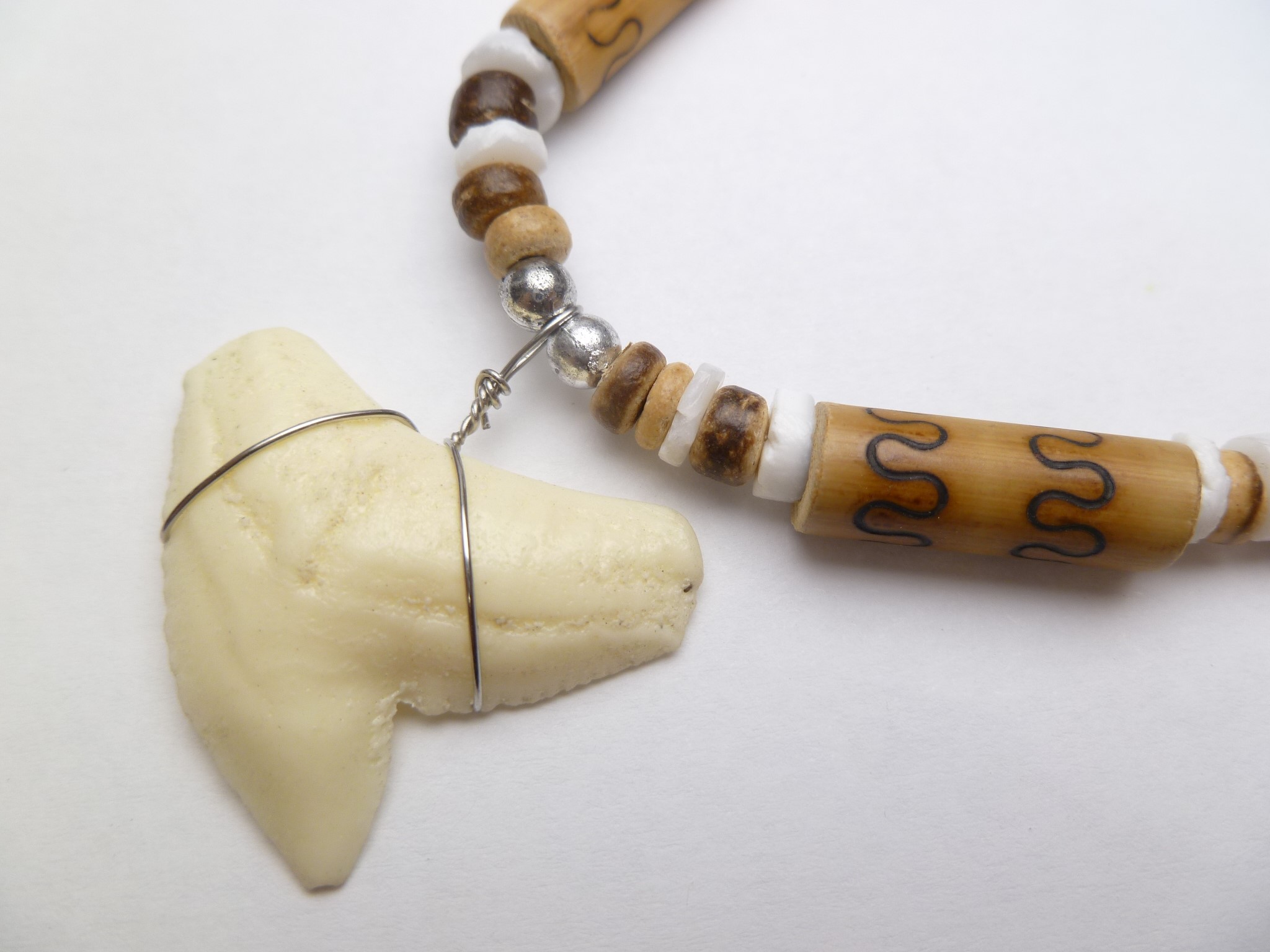 Bone Powder Shark Tooth w/ 18" Coconut & Wood Beads Necklace