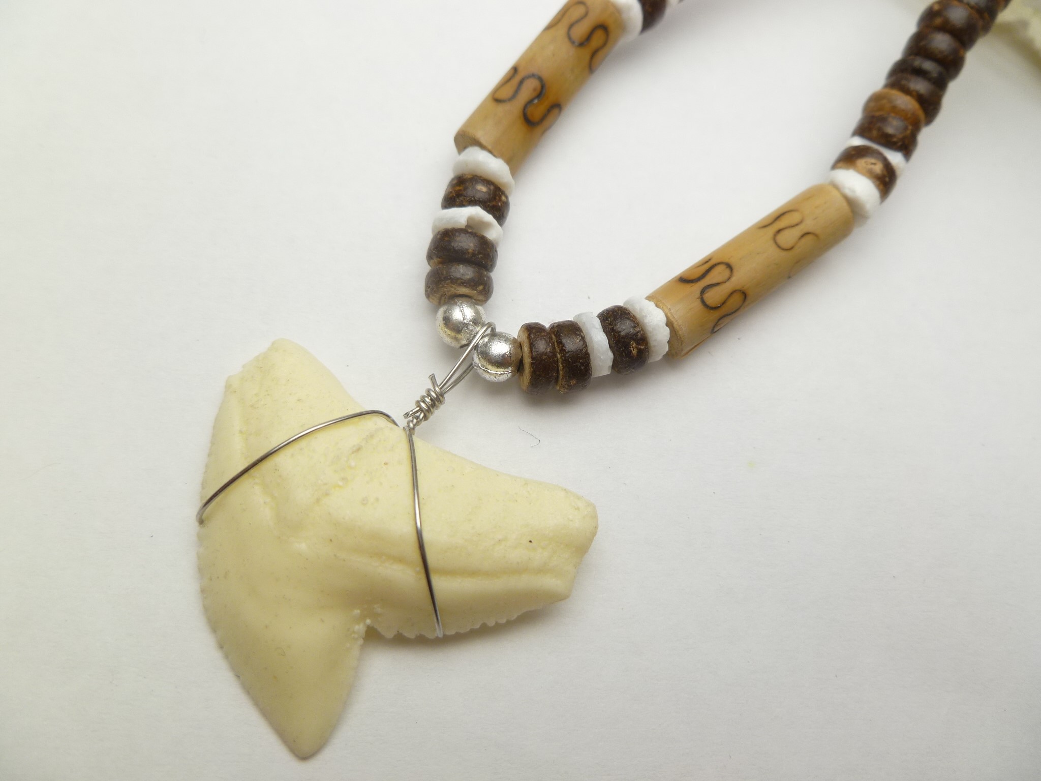 Bone Powder Shark Tooth w/ 18" Coconut & Wood Beads Necklace