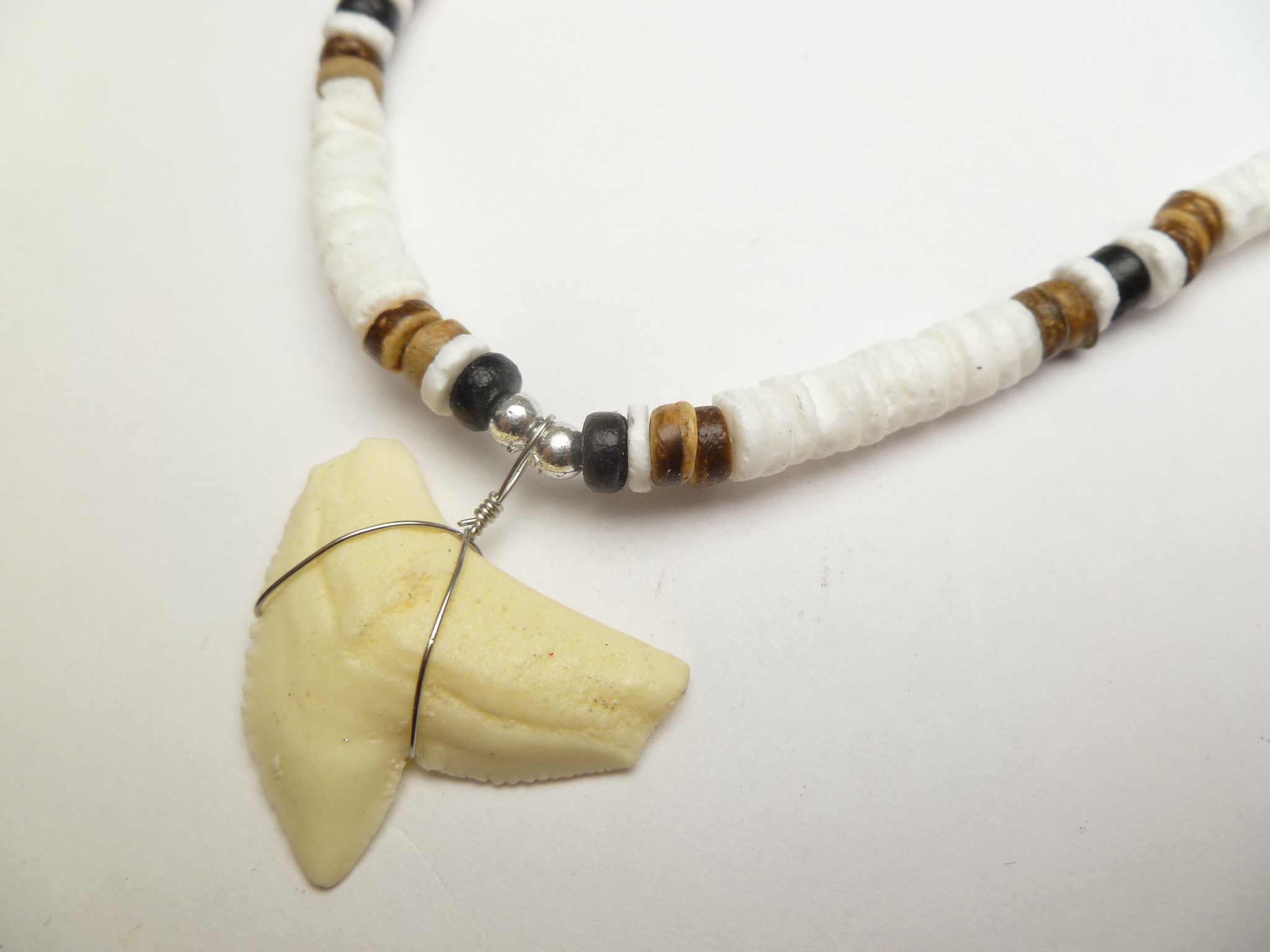 Bone Powder Shark Tooth w/ 18" Coconut & Wood Beads Necklace