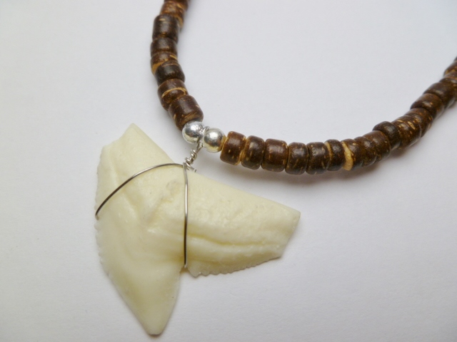 Bone Powder Shark Tooth w/ 18" Coconut & Wood Beads Necklace