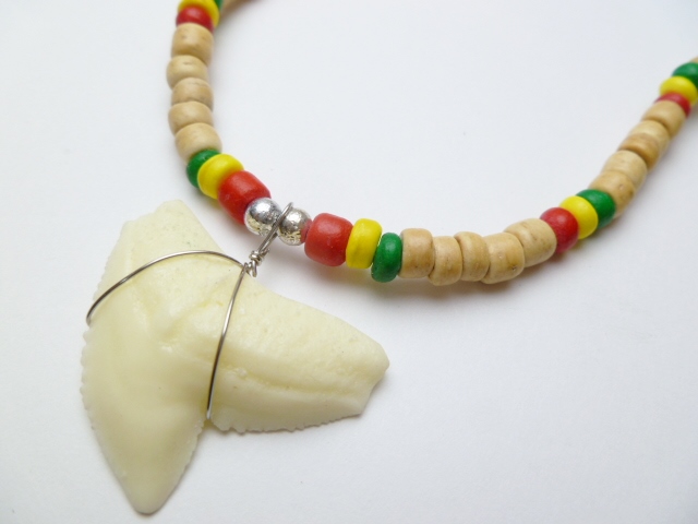 Bone Powder Shark Tooth w/ 18" Coconut & Wood Beads Necklace