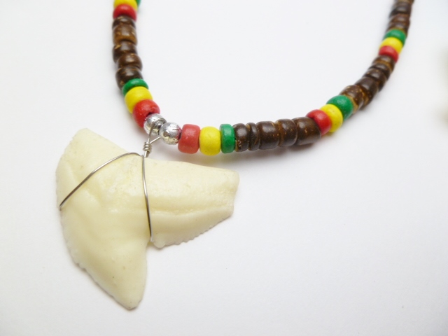 Bone Powder Shark Tooth w/ 18" Coconut & Wood Beads Necklace